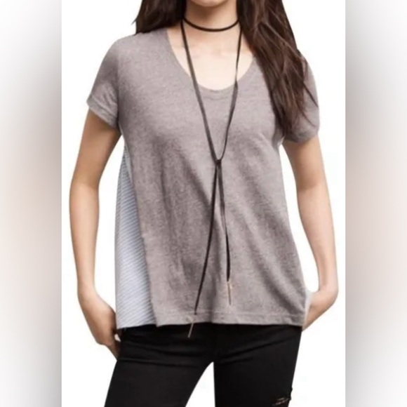 Deletta Womens Linen Blend Short Sleeve Top Size L Gray Blue Stripe Mixed Media - Picture 2 of 15